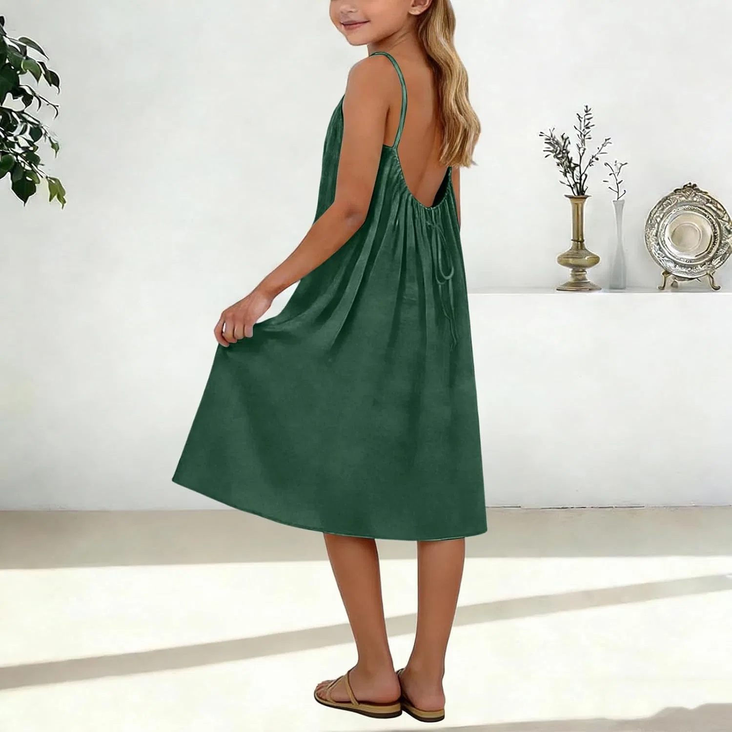 Женское летнее платье миди на бретелях с открытой спиной, Green — фото 3