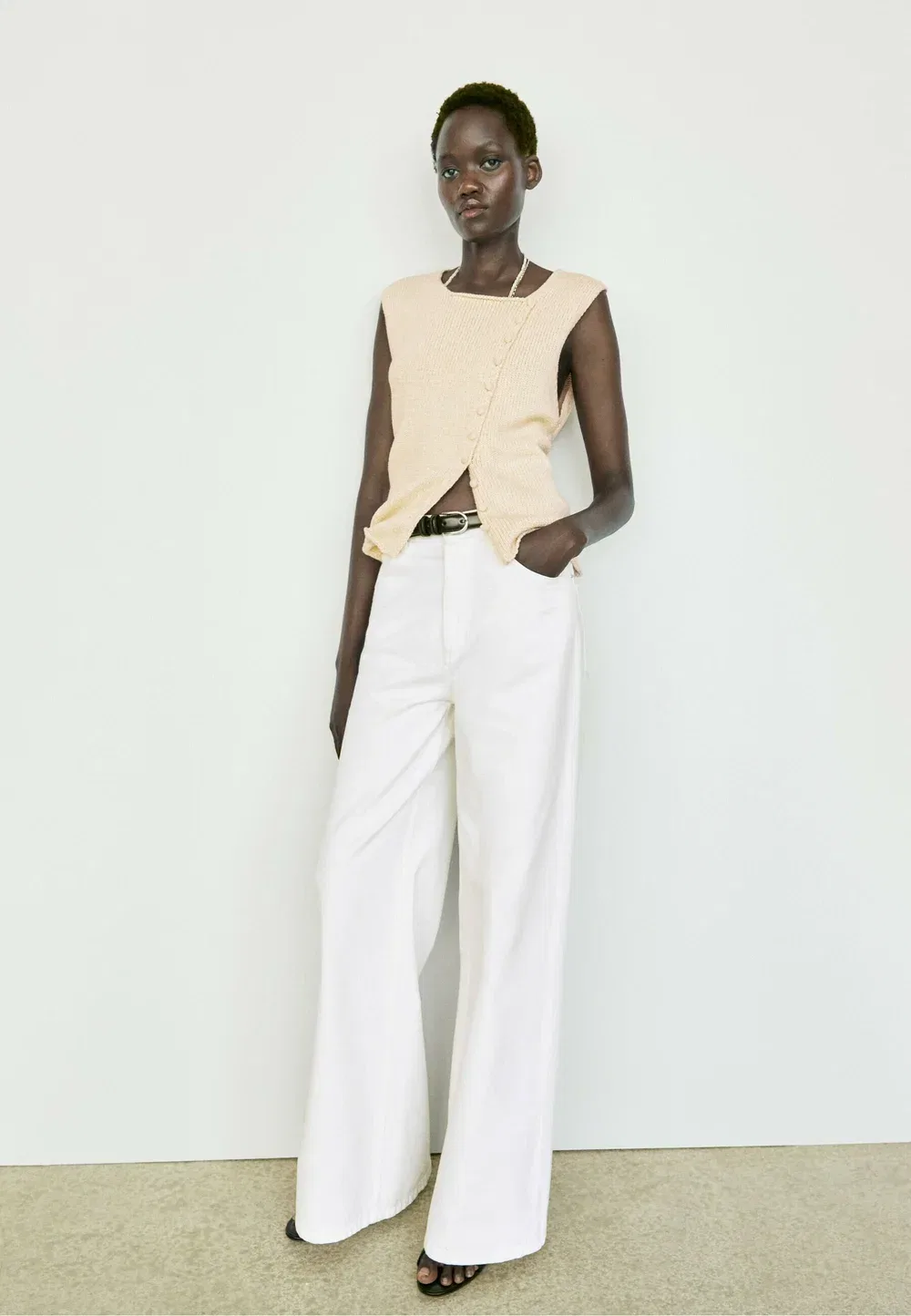 Вязаный топ из смесовой хлопковой ткани с пуговицами Massimo Dutti, White — фото 3