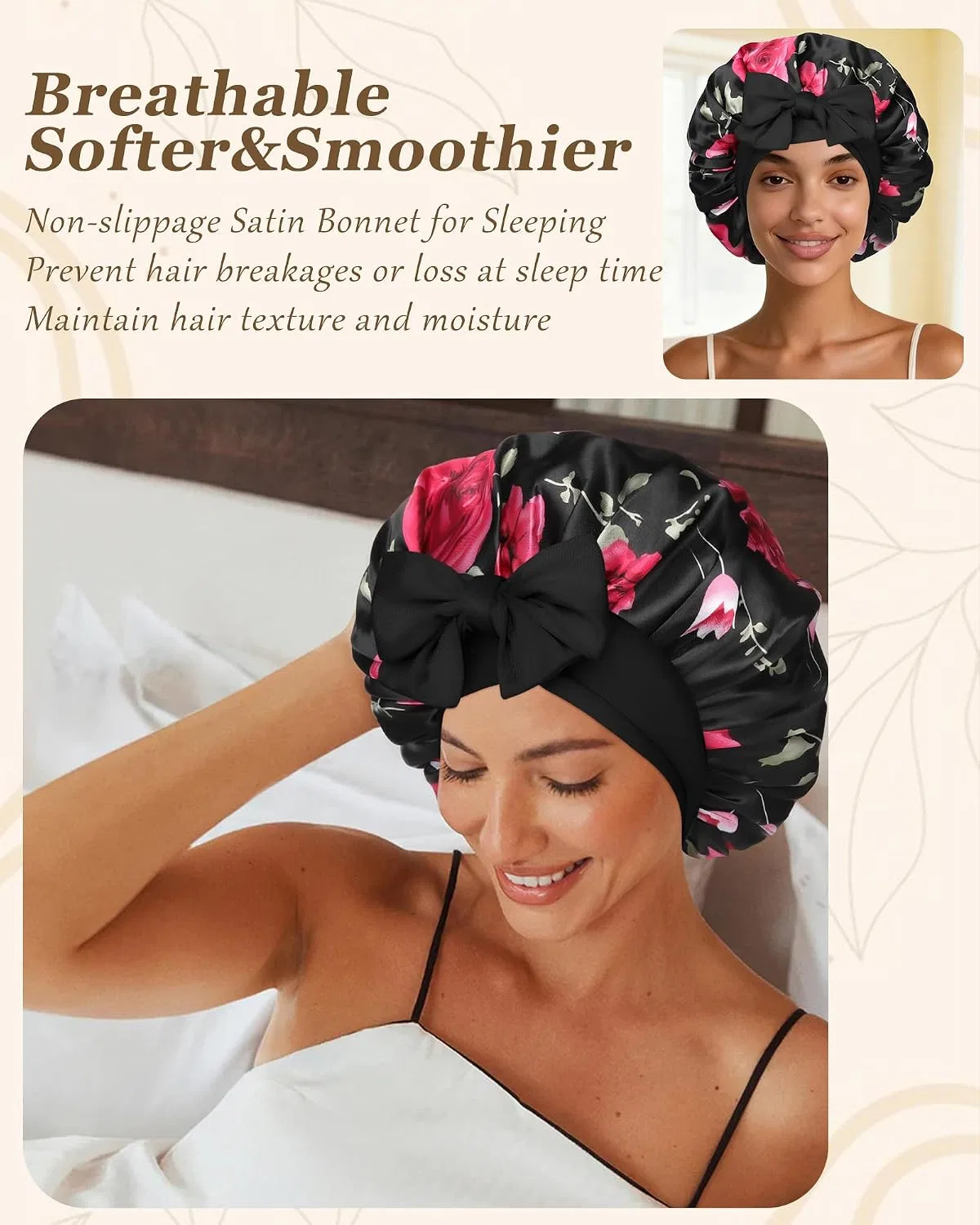 Шапочка для душа Satin Sleep Bonnet, CHLINS, черный цветок и черный — фото 2