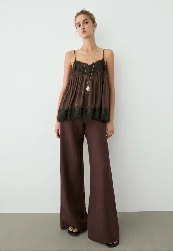 Брюки льняные Flare fit pants with striped details, Massimo Dutti, brown, коричневый — фото 2