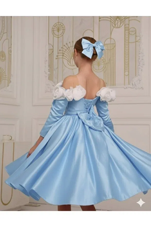 Детское вечернее платье для девочек с длинным рукавом rose detailled Kids, Blue — фото 2