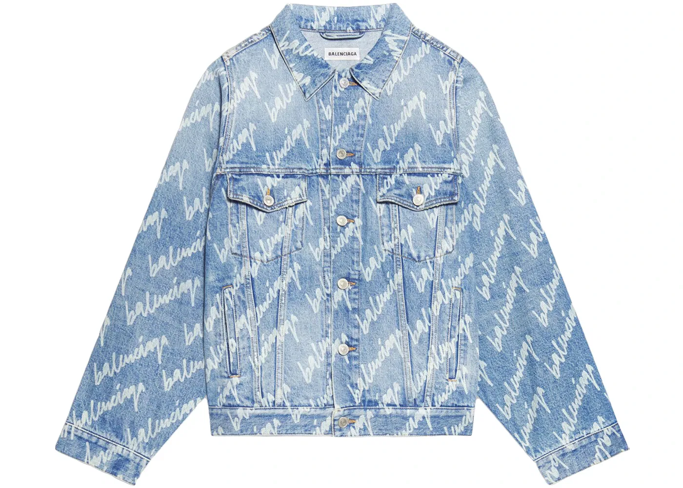 Женская джинсовая куртка с принтом, модель All Over Logo Balenciaga, Indigo/White