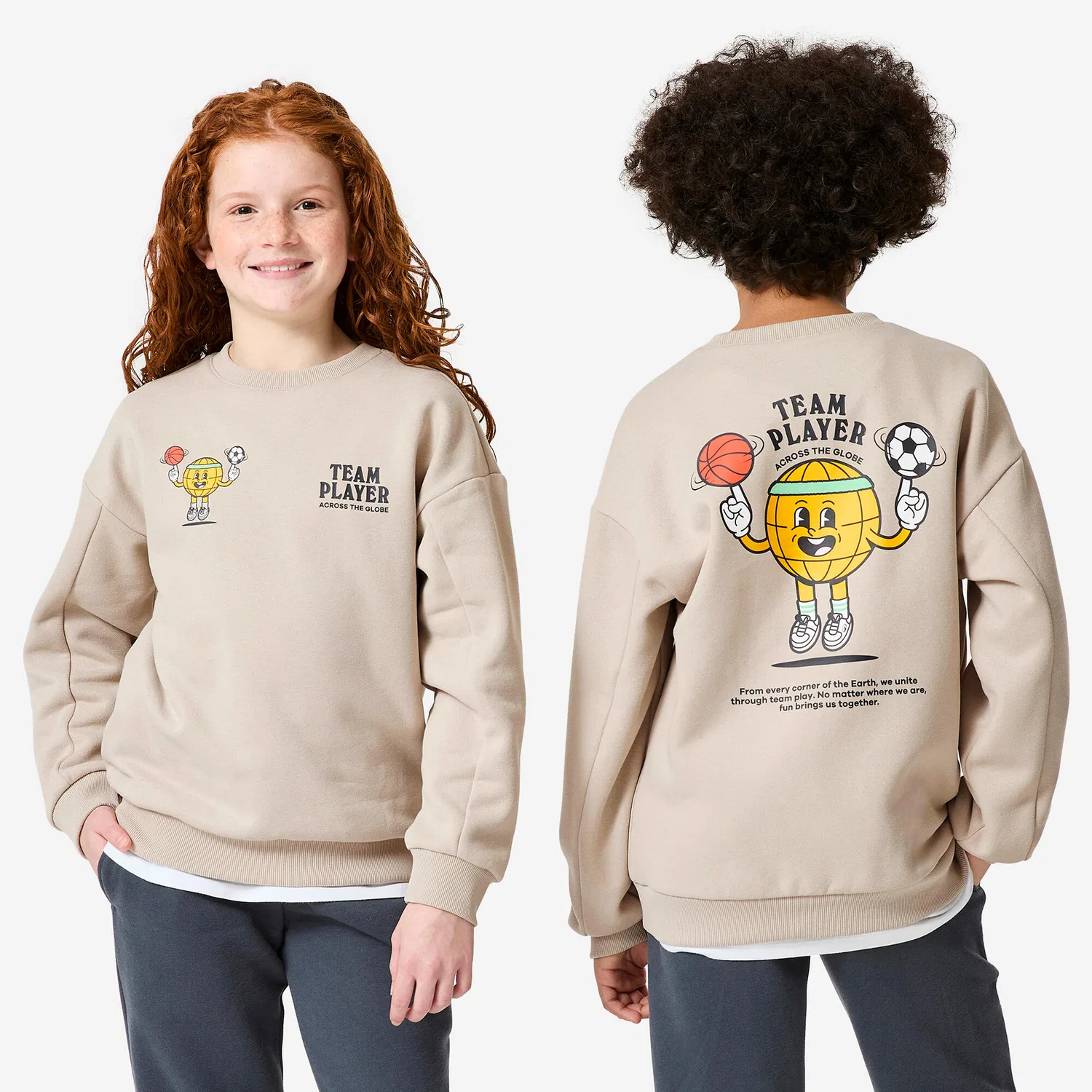 Детский свитшот из флиса Sweatshirt Kinder Fleece Rundhalsausschnitt Decathlon, Mondbeige