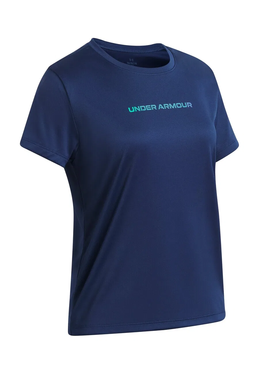 Спортивная футболка UNDER ARMOUR Performance Shirt с фирменной символикой, выполненная в синем, темно-синем и бирюзовом цветах — фото 2