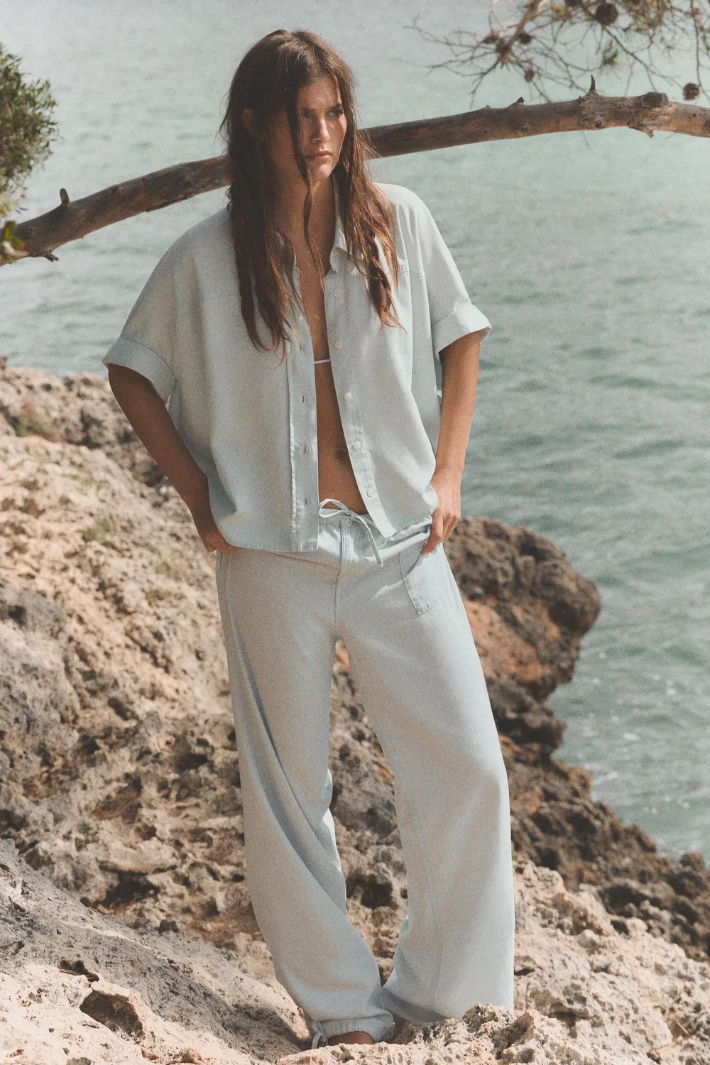 Свободные брюки на шнуровке ZARA, Light Blue