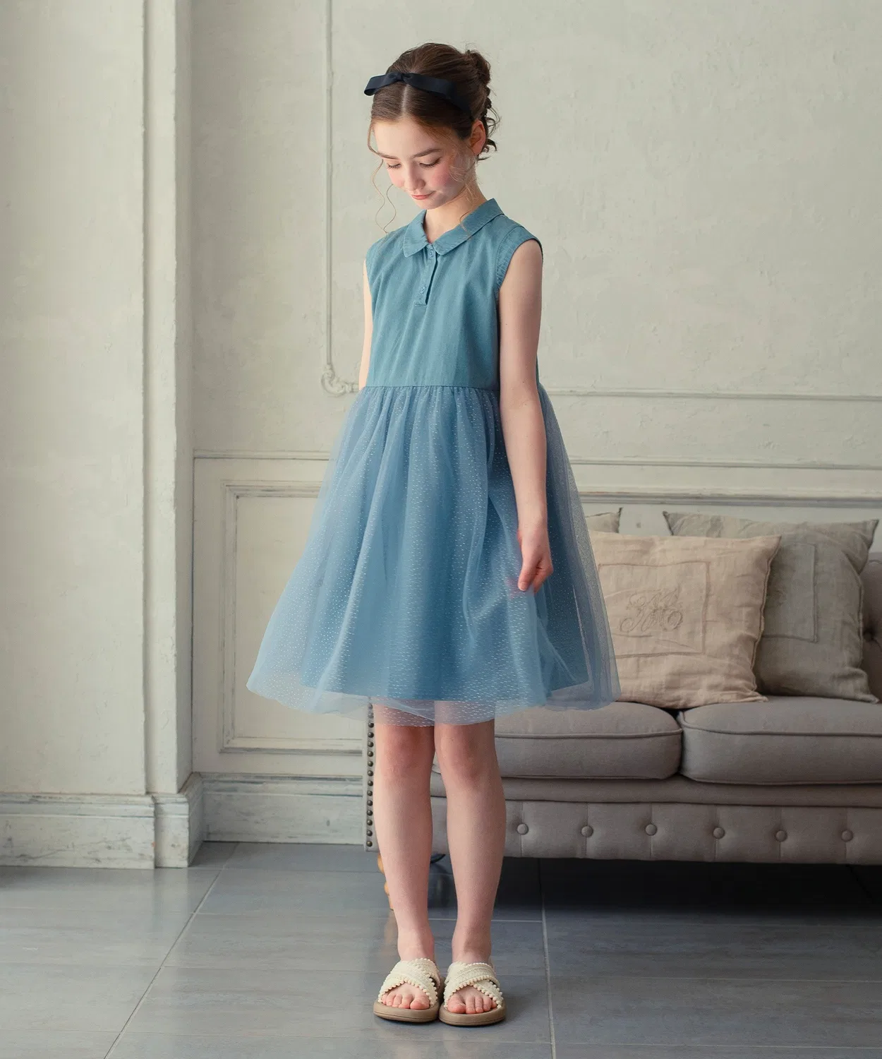 Детское платье без рукавов с принтом в горошек Light Denim Tulle DRESCCO, Blue — фото 3