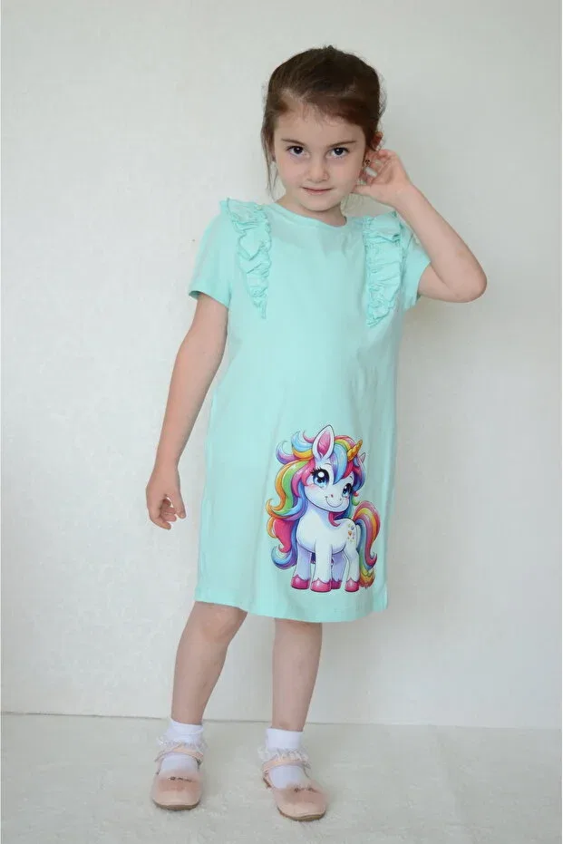 Детское платье для девочек с принтом Unicorn Printed Sevimli, Green