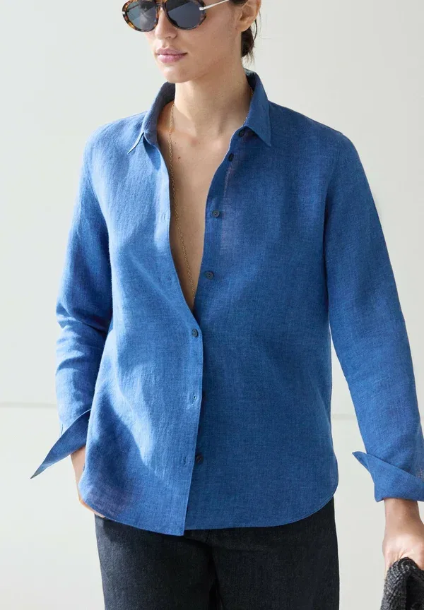 Блузка из льна, Button-down blouse, Massimo Dutti, синий — фото 4
