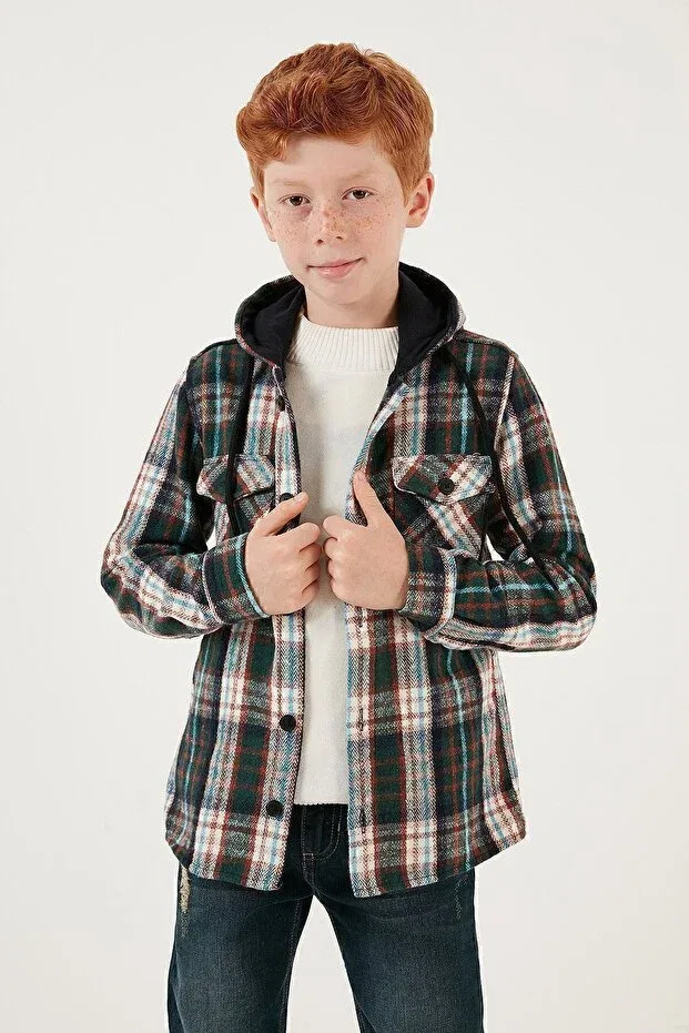 Детская рубашка для мальчиков с капюшоном Plaid hooded winter lumberjack shirt with pockets Lela, Green