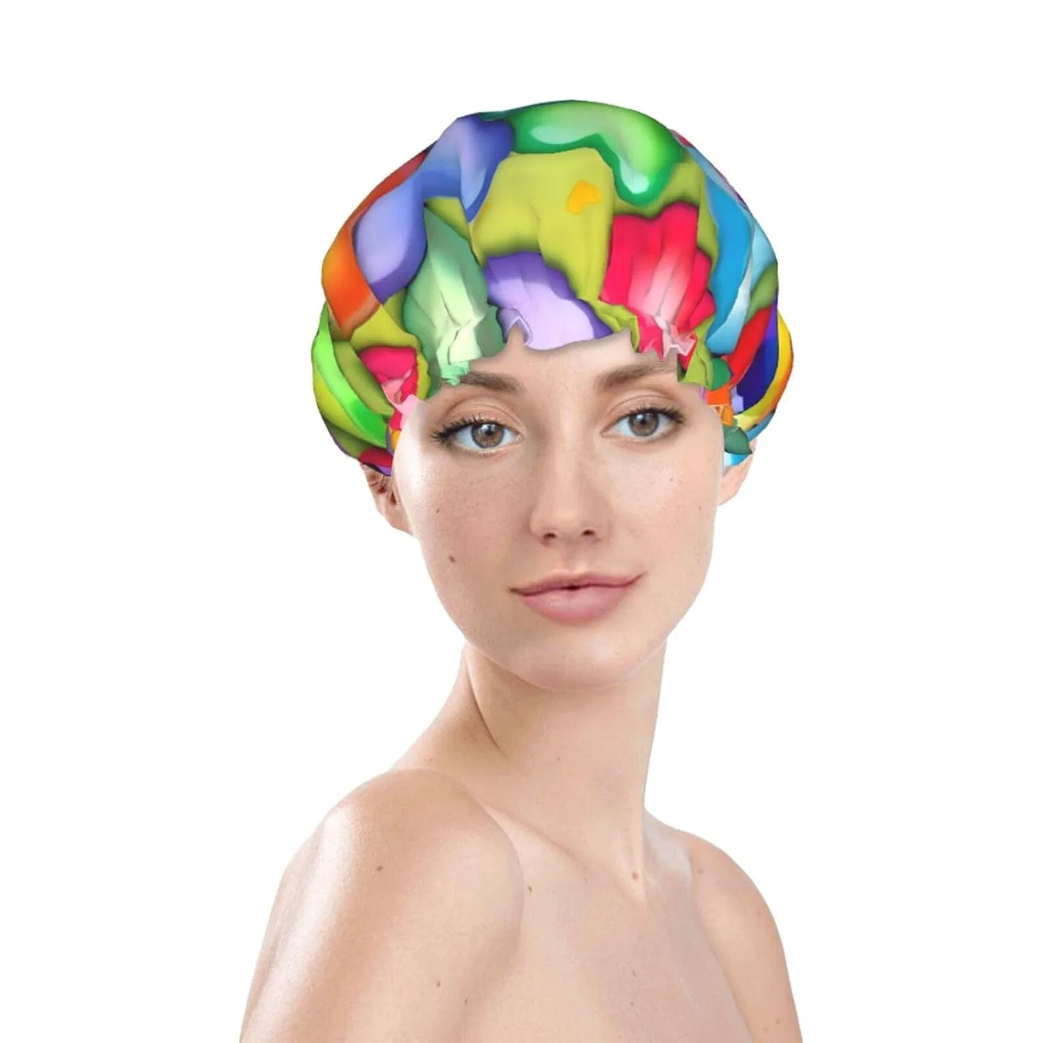 Многоразовая шапочка для душа, Double Splashproof, FRESQA, 1 шт, One Size, Rainbow Hearts — фото 3