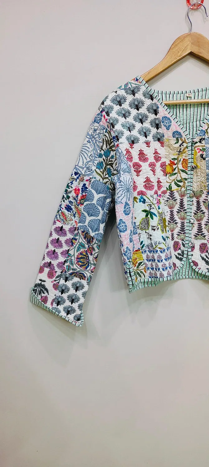 Женская куртка из хлопкового пэчворка ручной работы Kantha, turquoise — фото 2