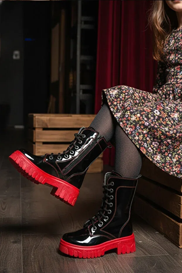Детские ботинки для девочек на толстой подошве Bouis, Black-Red — фото 3