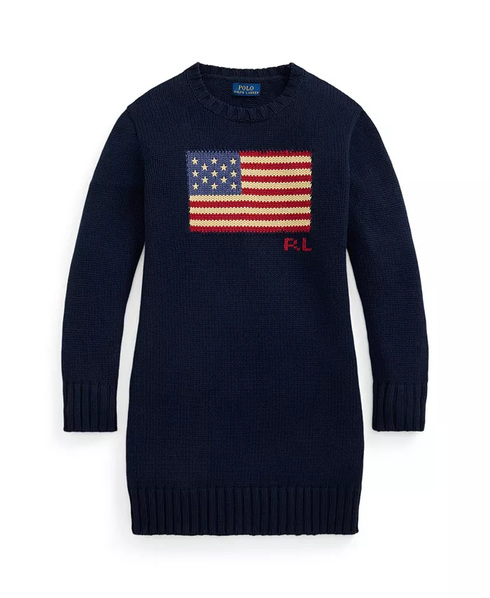 

Платье-свитер с интарсией в виде флага для девочек постарше Polo Ralph Lauren, синий