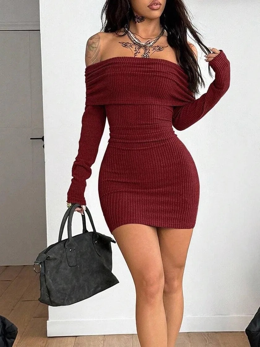 Женское элегантное платье с открытыми плечами Bodycon, Burgundy — фото 3