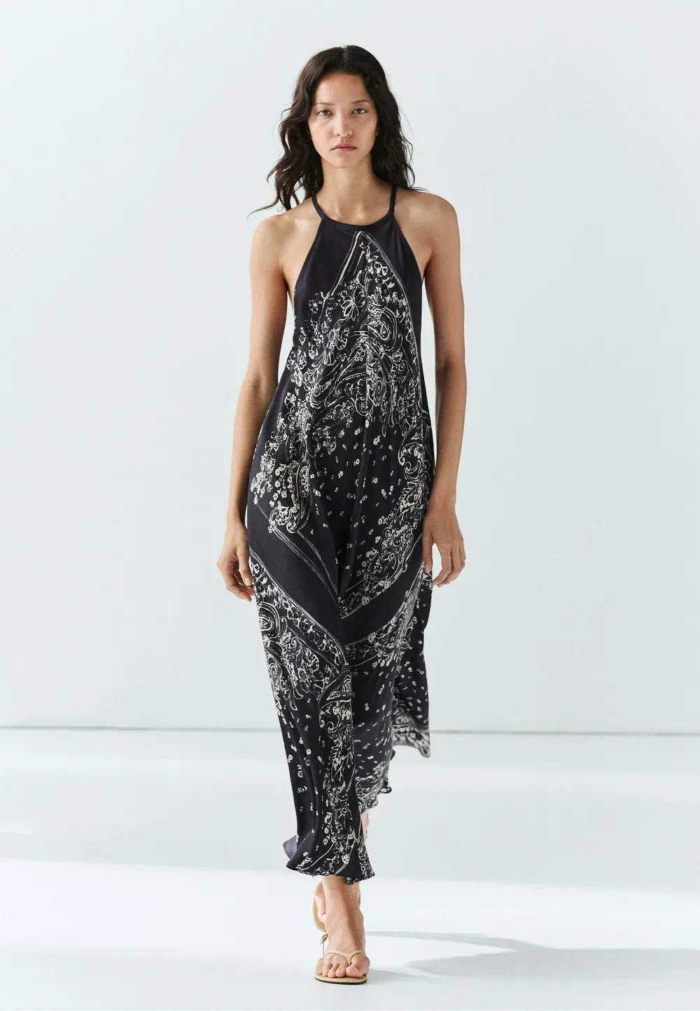 Длинное струящееся платье-макси с узором пейсли Massimo Dutti, Mottled Dark Blue