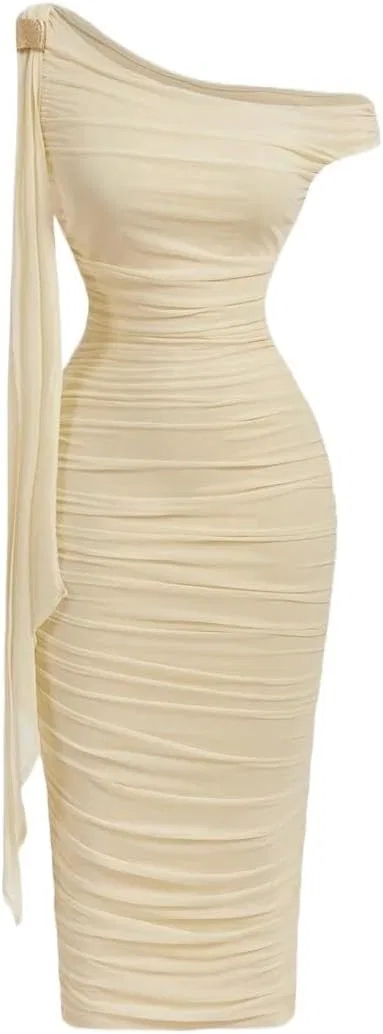 Женское асимметричное платье миди с драпировкой Bodycon, Apricot