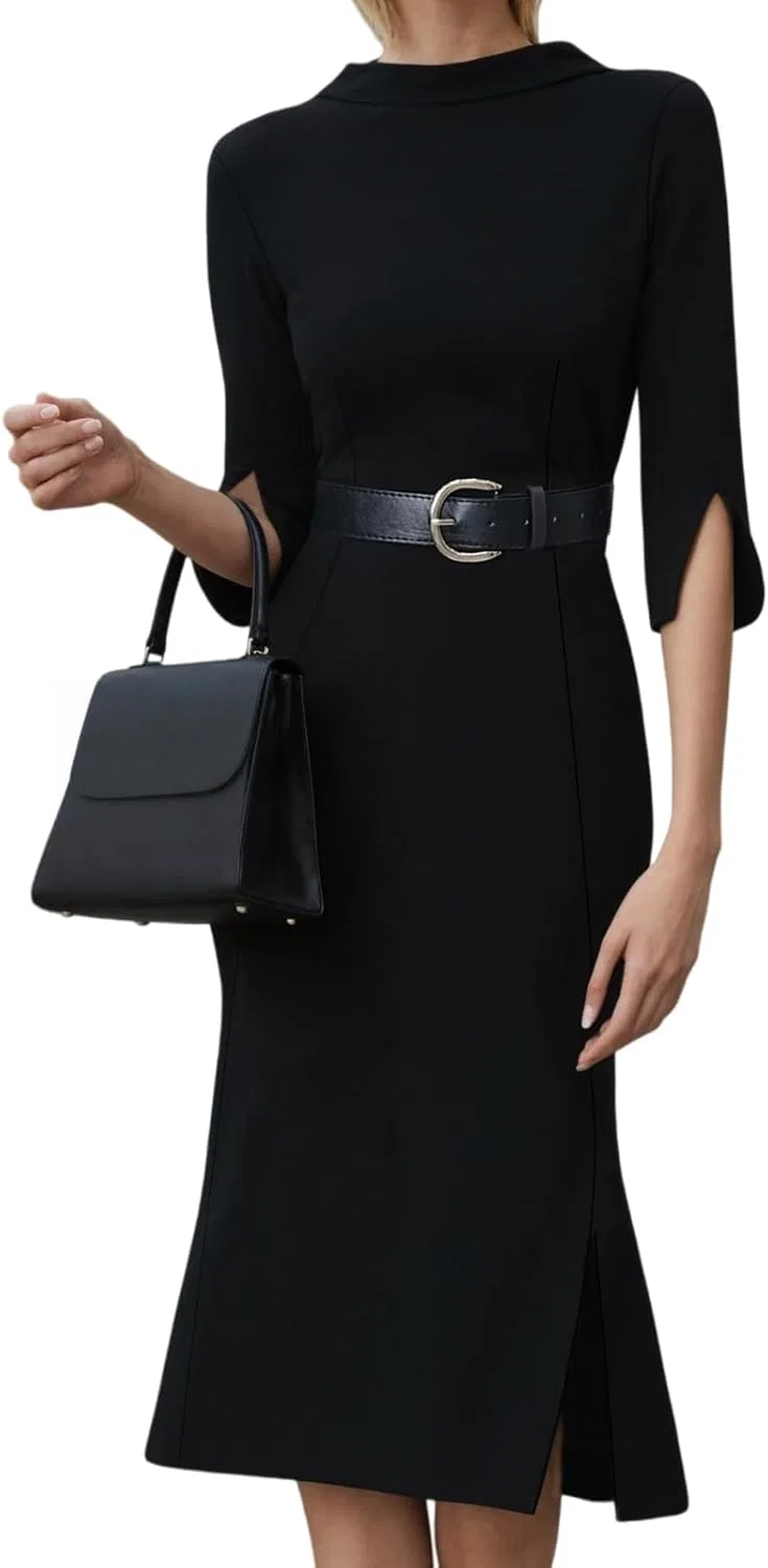 Женское офисное платье с поясом Bodycon, Black