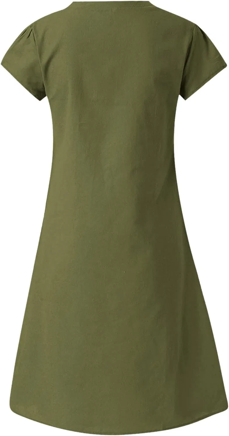 Женское летнее платье из хлопка и льна с V-образным вырезом, Army Green — фото 4