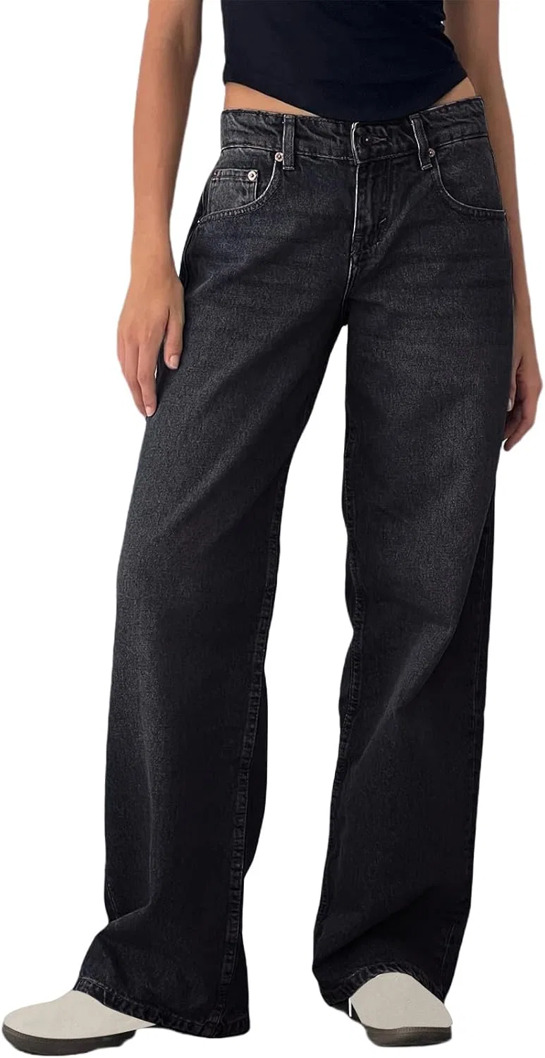 Джинсы широкие, Black, Women Wide Leg Jeans