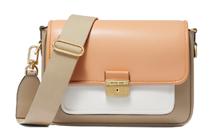 

MICHAEL KORS Сумка Bradshaw из коровьей кожи, через плечо, среднего размера, женская, цвета верблюжьей шерсти и молочного белого