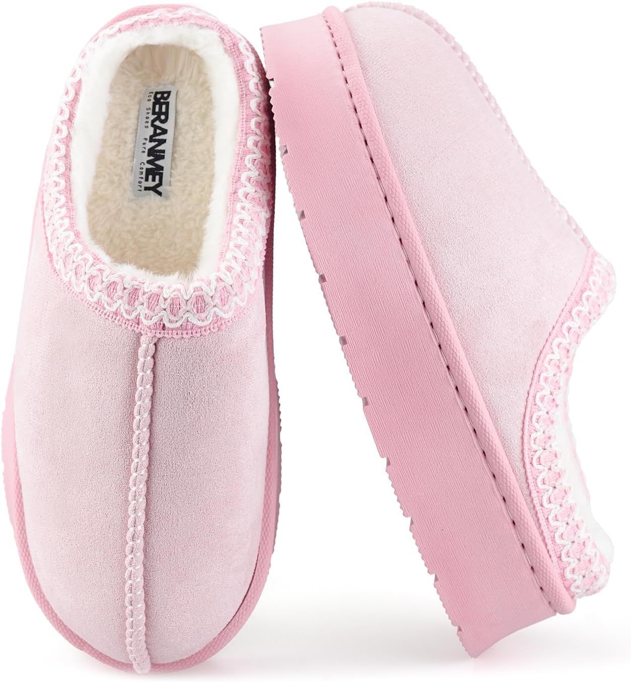 

Плюшевые тапочки на платформе для женщин и мужчин - удобная нескользящая подошва, теплые мягкие домашние тапочки с меховой подкладкой для дома и улицы, короткие модели на щиколотку Beranmey, розовый