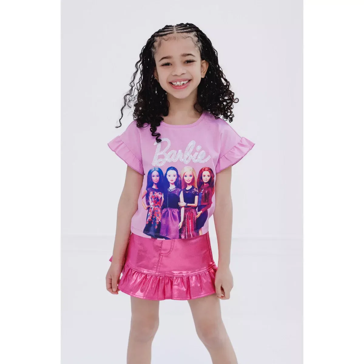 Детский комплект для девочек с принтом Barbie T-Shirt Twill Metallic Skirt Outfit Set, Barbie, Pink — фото 2