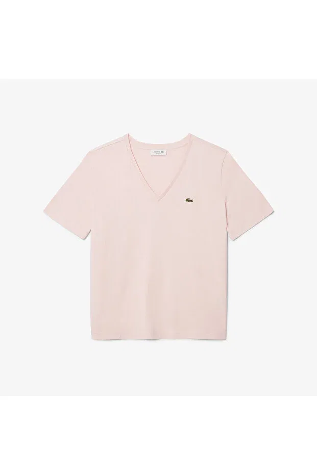Футболка Lacoste Ady, V-образный вырез, оверсайз, розовая — фото 4