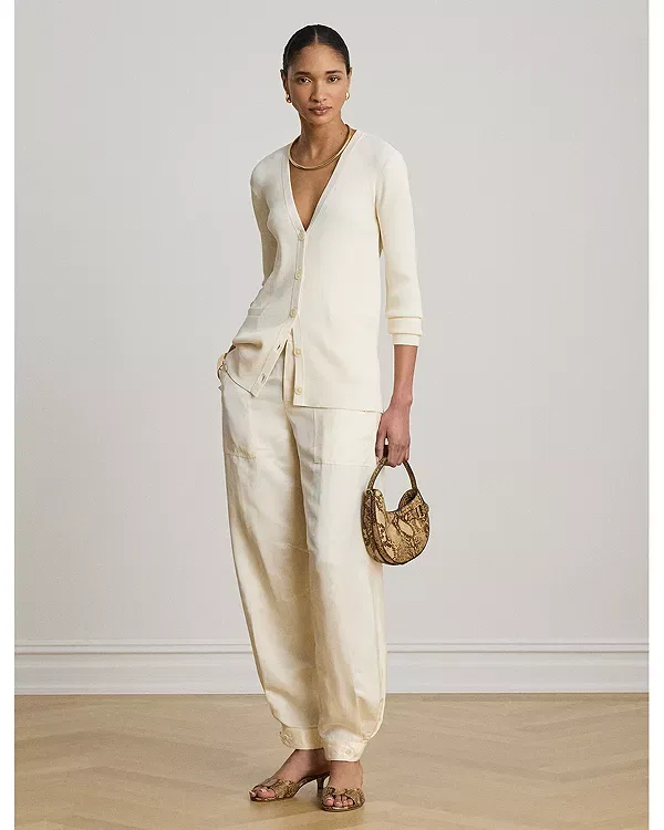 Женский кардиган с V-образным вырезом с длинным рукавом Ribbed v neck cardigan Ralph Lauren, Winter Cream — фото 2