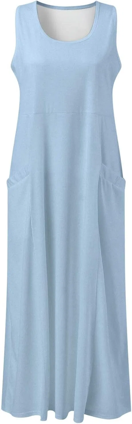 Женское летнее льняное платье макси с карманами, Light Blue — фото 4