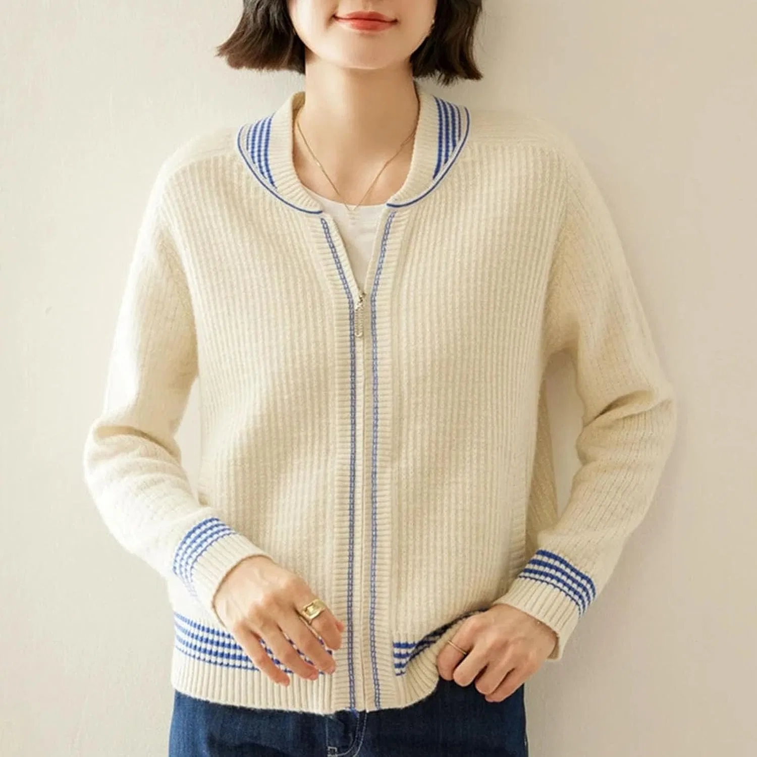 Женский кардиган с молнией, с длинным рукавом, Cashmere Thick Sweater, белый — фото 4