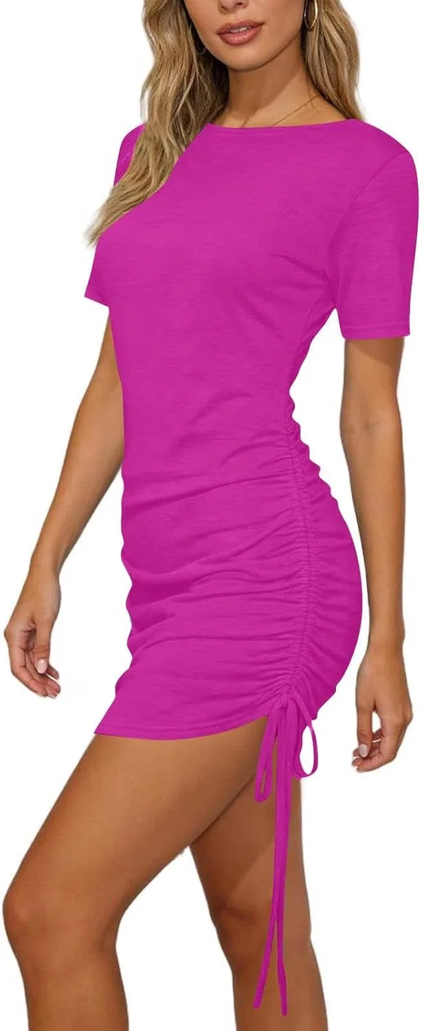 Женское облегающее мини-платье с защипами, короткими рукавами, Hot Pink — фото 4