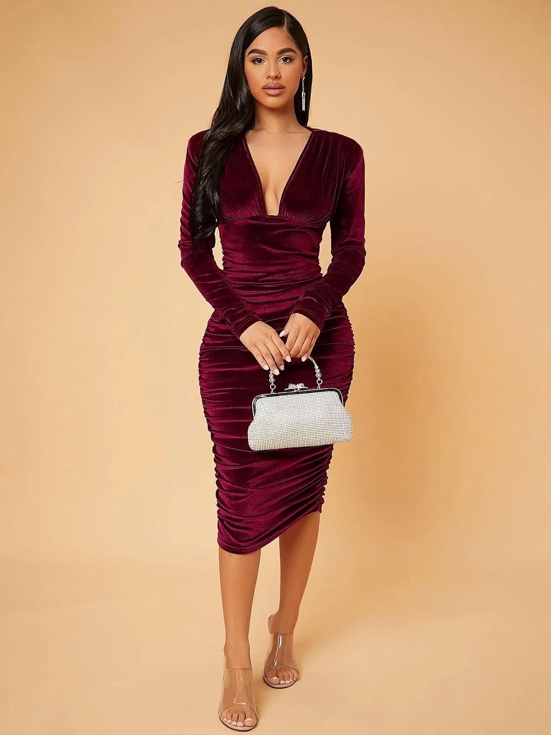 Женское миди-платье с глубоким V-вырезом Casual, Burgundy — фото 2