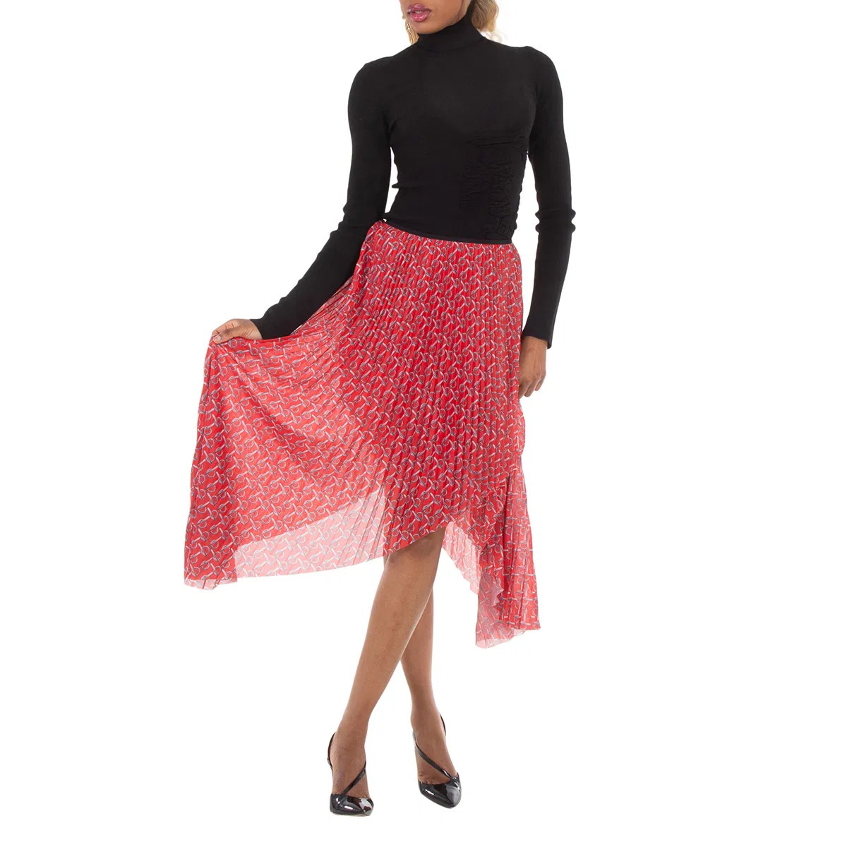 Юбка плиссированная миди с принтом Pleated B Jersey Midi Skirt Burberry, Silver/Red — фото 4