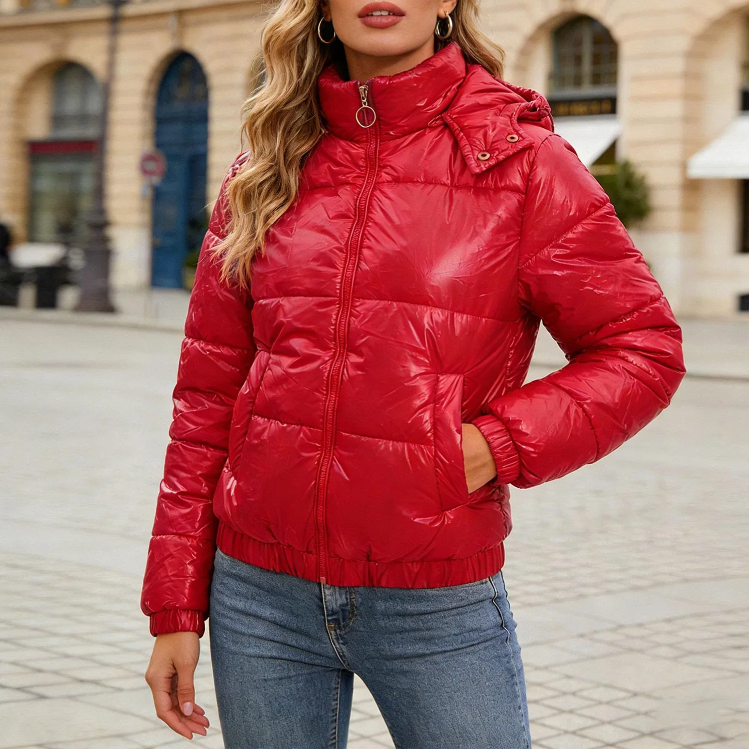 Женская короткая стеганая куртка с высоким воротником, Rosso — фото 2