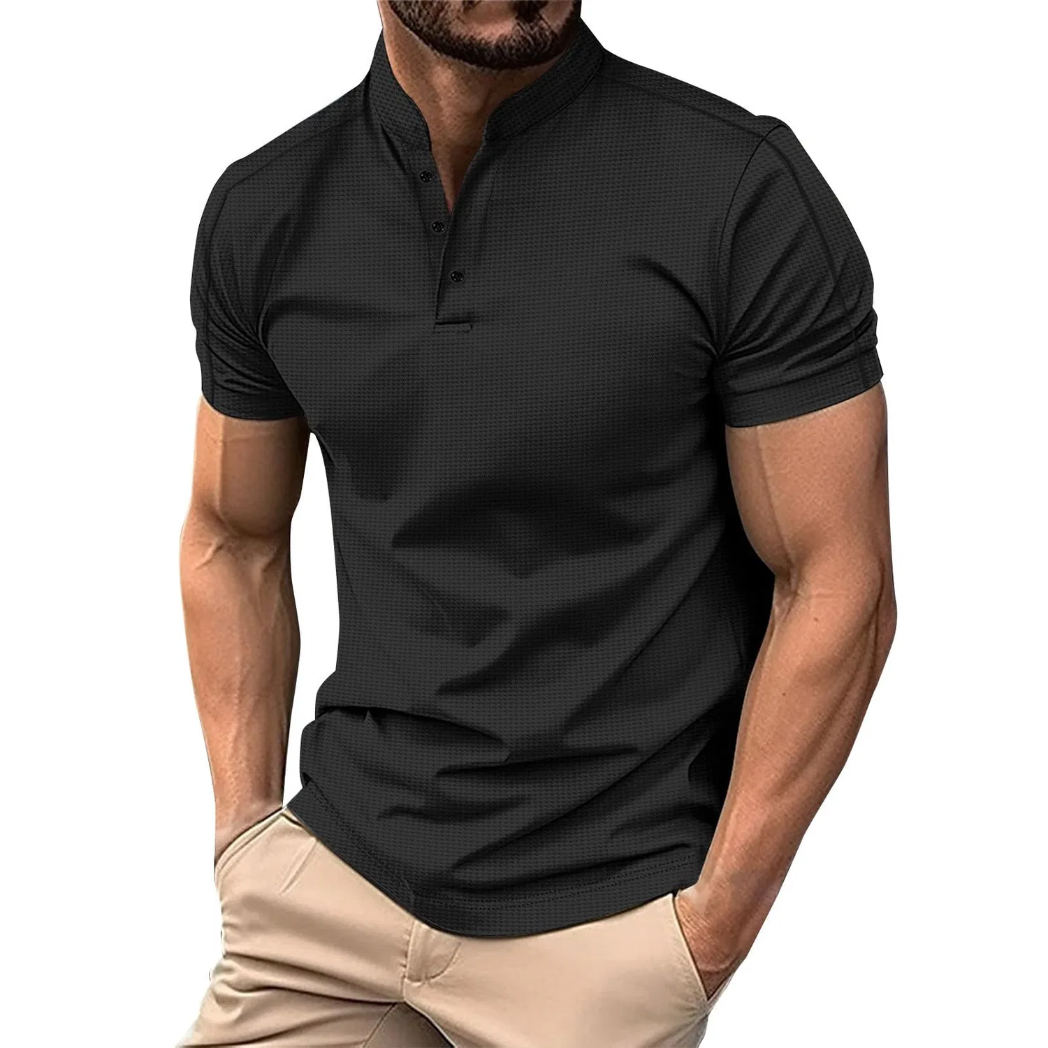 Мужская футболка-поло с коротким рукавом и отложным воротником Henley, Black Polo Shirts for Men