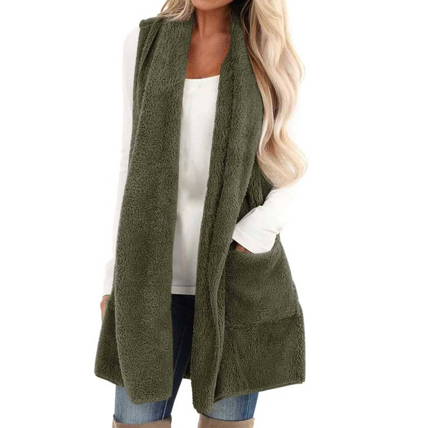 Женский жилет без рукавов из флиса Cozy Shawl Soft Cardigan Jacket Western, verde