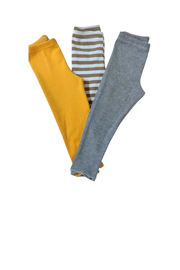 Детские леггинсы для девочек с полосками комплект 3 шт Fun, Yellow-Three-Striped-Gray
