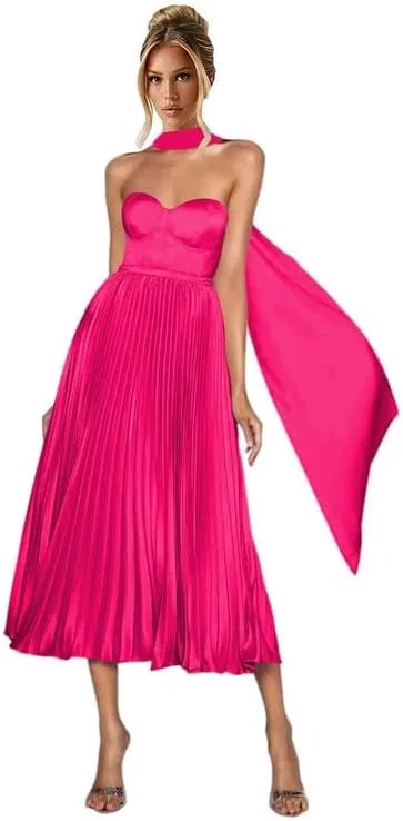 Женское атласное платье для подружек невесты с шарфом A-line LA202, Hot Pink