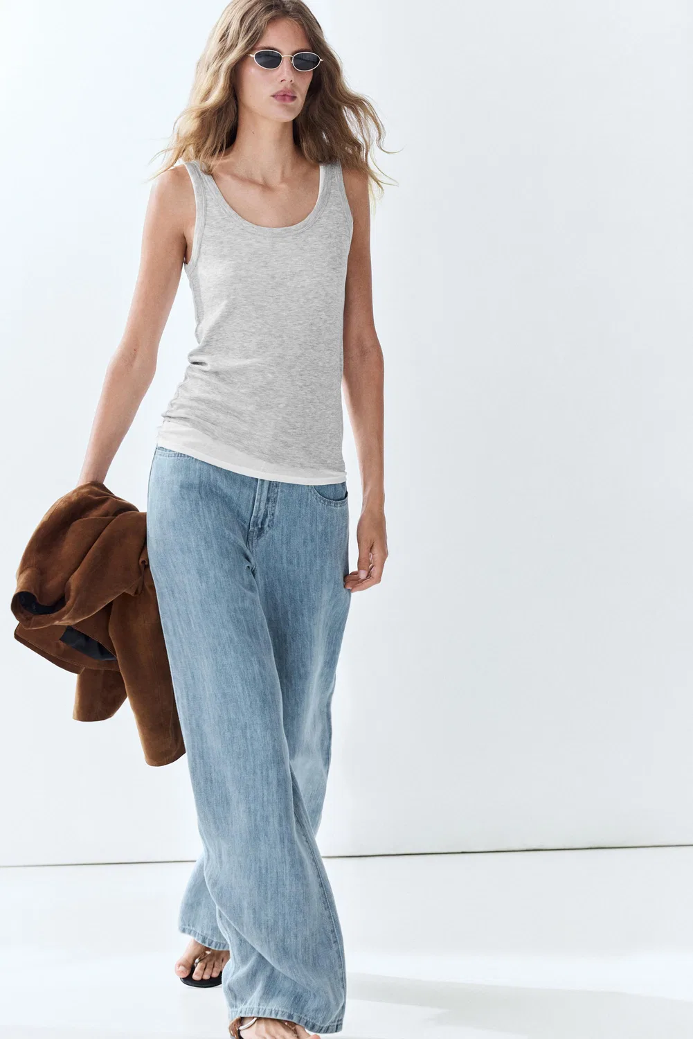 Топ Massimo Dutti Cotton Blend Ribbed Double-layer, серый — фото 4