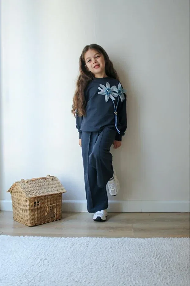 Детский комплект спортивного костюма для девочек из хлопка Jeliboomkidswear, Navy Blue — фото 2