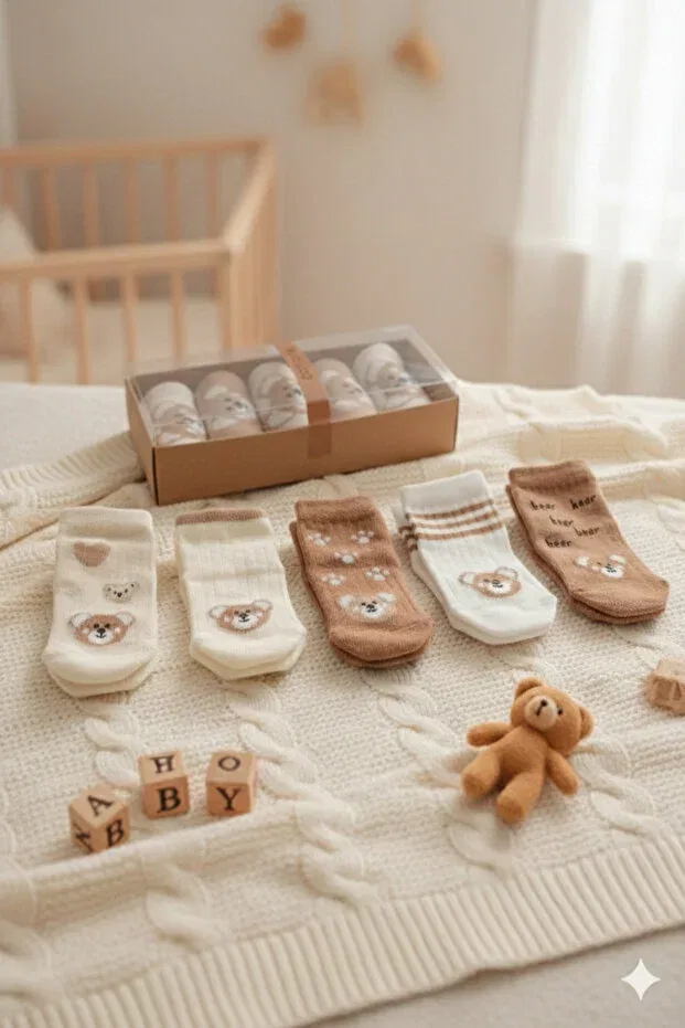 Детские носки для новорожденных хлопковые 5-Pack of antiallergic 100% cotton newborn baby socks Hobbe Baby, Teddy Bear