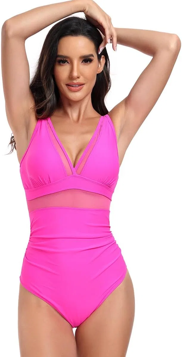 Женский цельный купальник с глубоким V-вырезом Retro Mesh, Rose — фото 2