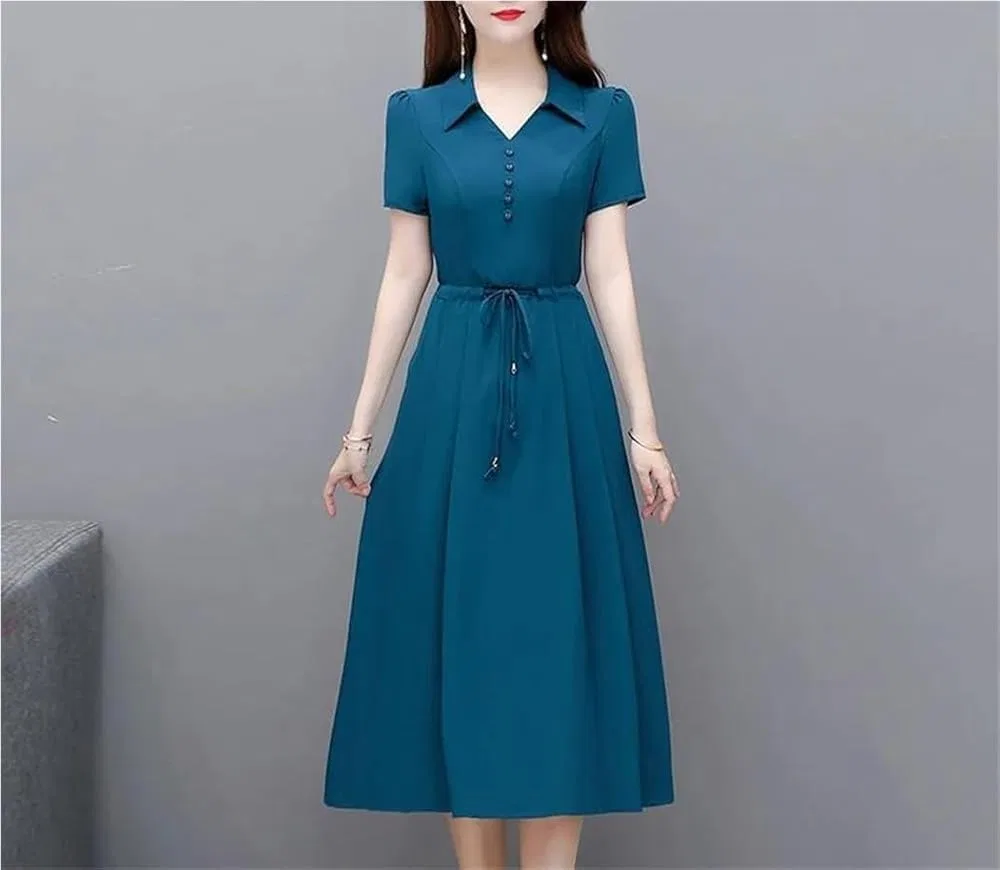 Женское офисное платье-рубашка миди A-line SDFGHHTHV, Blue — фото 2