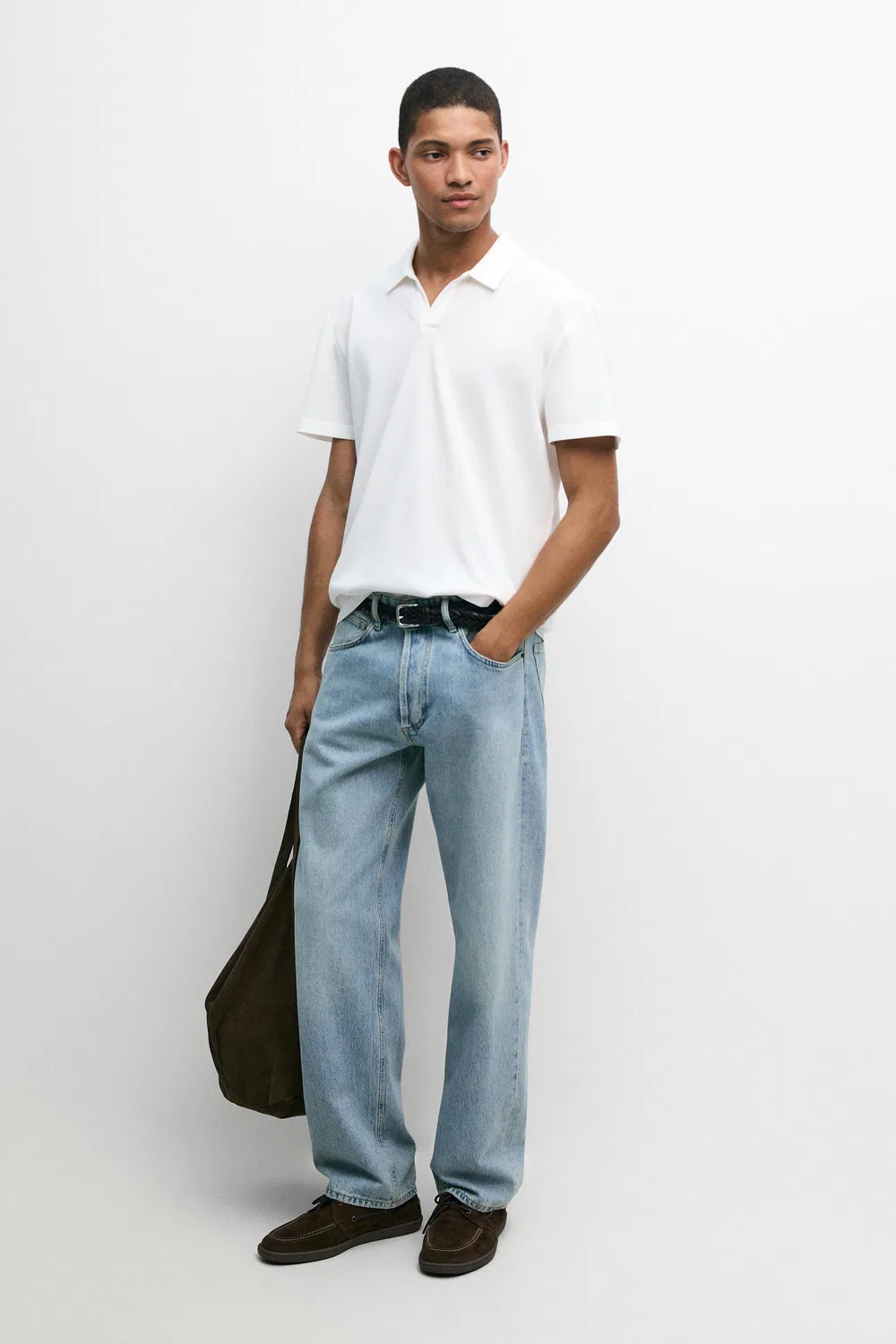 Поло Massimo Dutti Micro-textured V-neck Piqué Shirt, белый — фото 3
