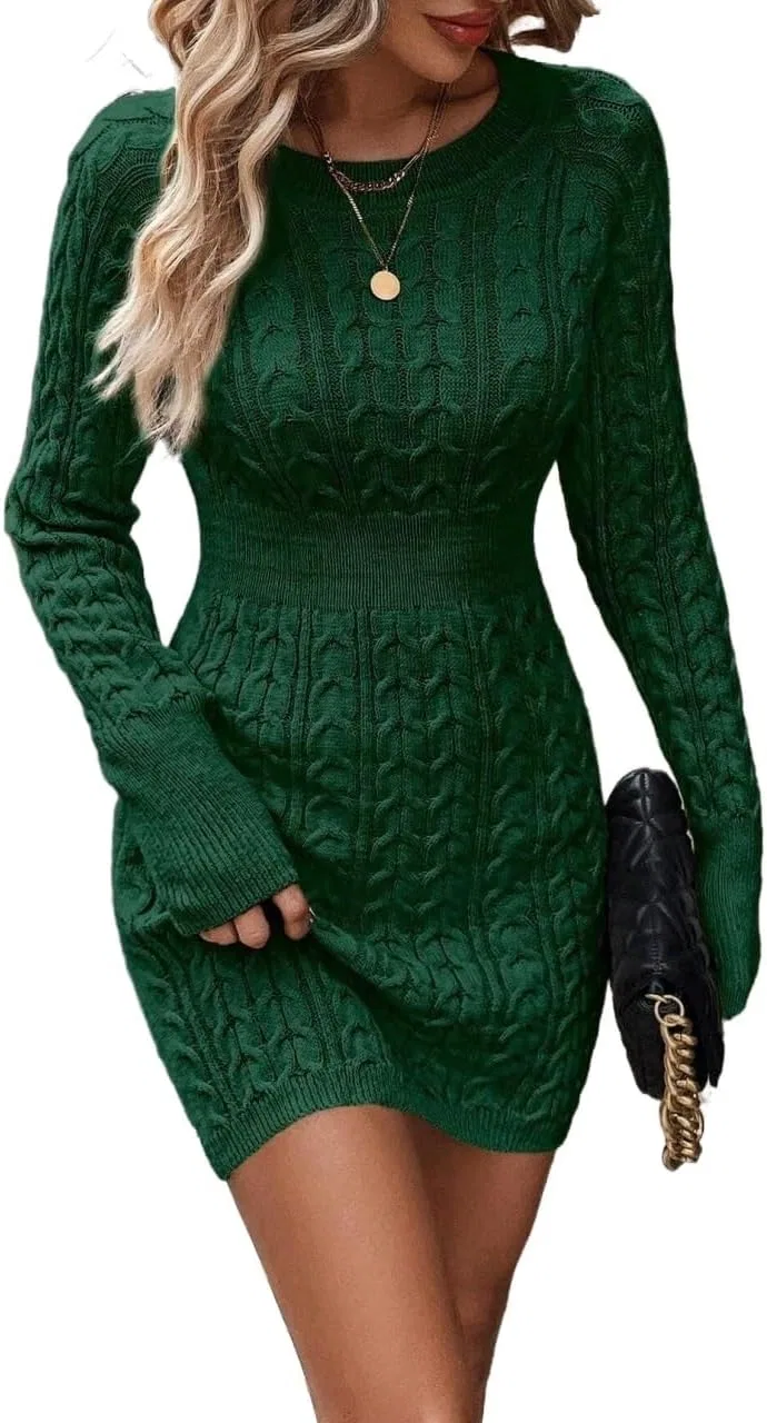 Женское вязаное платье с круглым вырезом Slimming Fit, Dark Green
