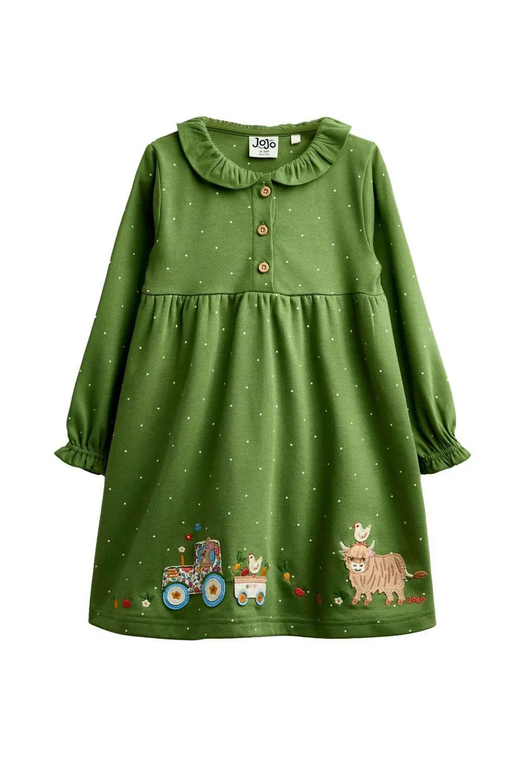 Платье с аппликацией и пуговицами спереди - трикотажное платье Jojo Maman Bébé, Khaki Green Farm