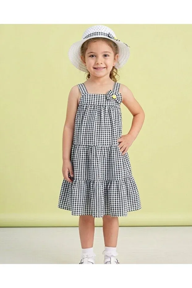 Детское платье для девочек с принтом Girl'S Summer Bow Gingham Pattern Hat Dress Voy Kids, Black