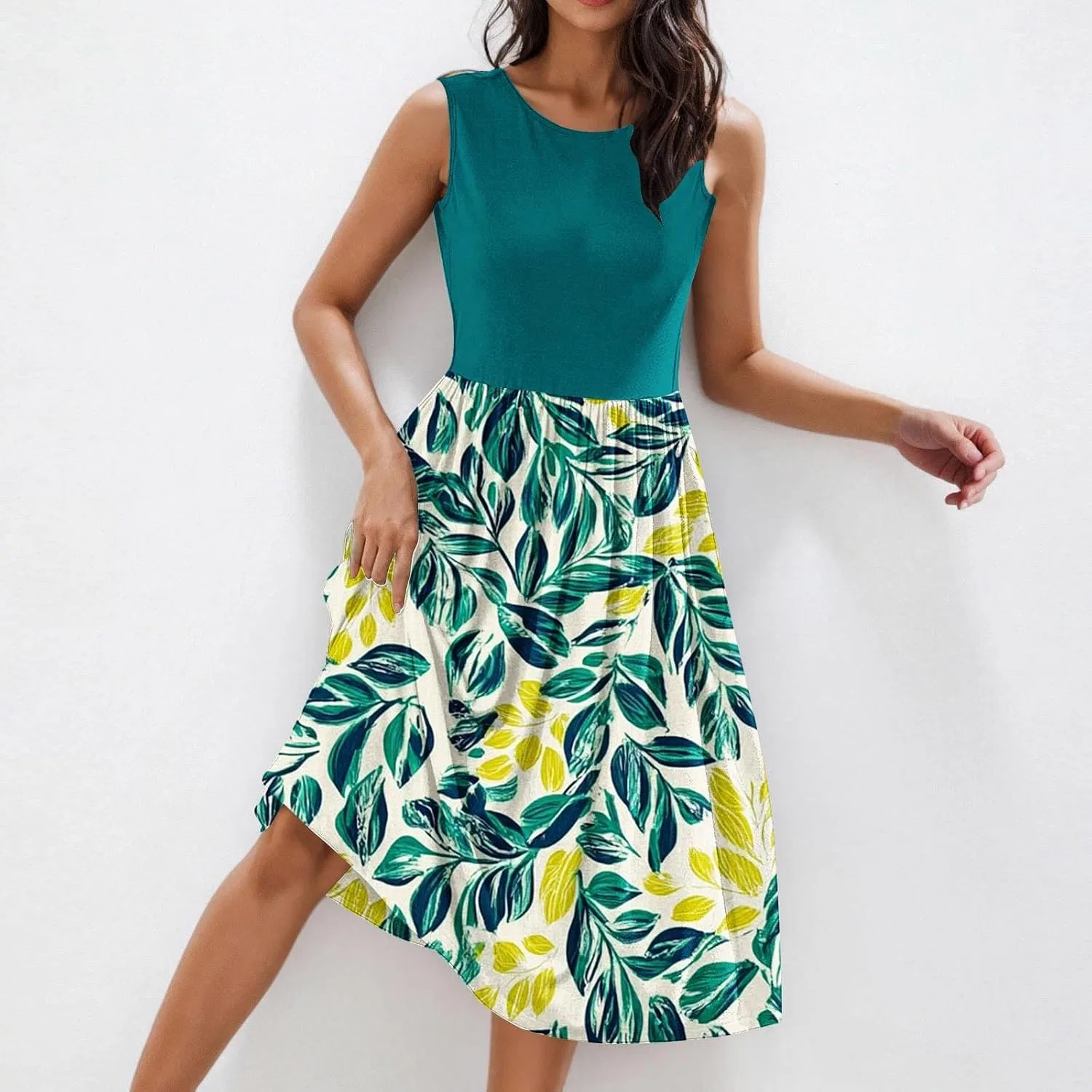 Женское летнее платье-миди A-line с карманами, Green — фото 2