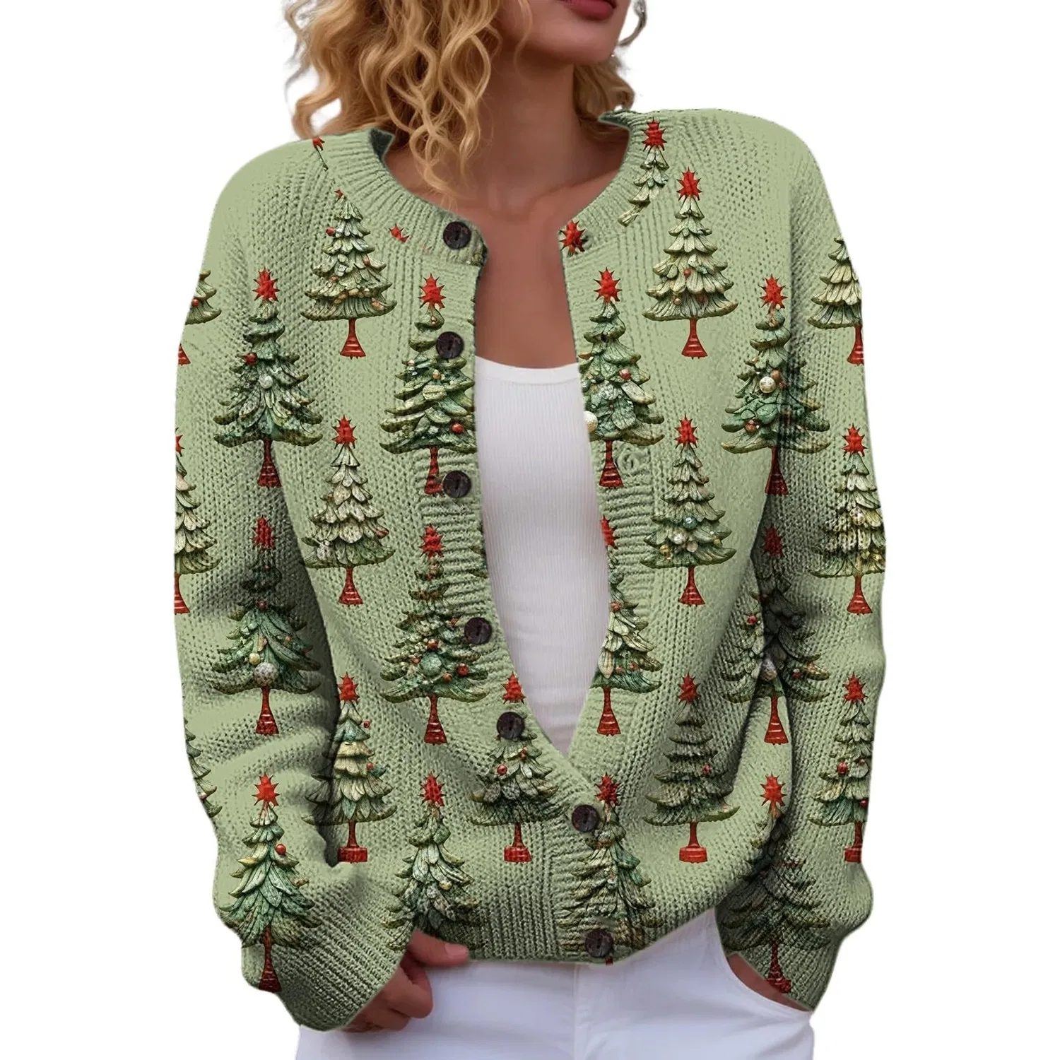 Женский кардиган с принтом Christmas Tree, green