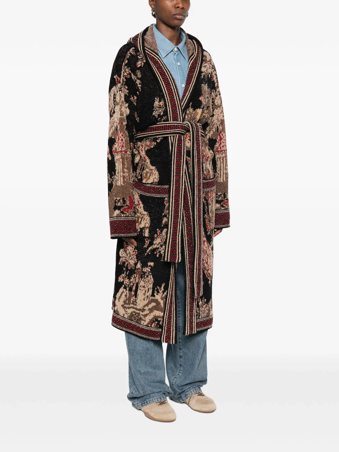 Жаккардовый вязаный кардиган с поясом Etro, черный — фото 3